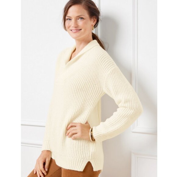 NWT TALBOTS Shawl Collar Shaker Stitch Pullover Relaxed Fit Ivory Size M - Picture 1 of 8